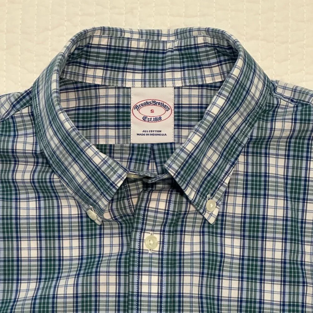 Brooks Brothers Blue Green White Plaid Button Down Shirt Mens Size S